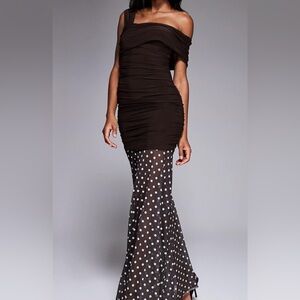 ASOS One Shoulder Sheer Hem Maxi Dress in Brown Polka